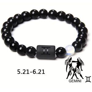 Gemini Zodiac Signs Charm Bracelet Natural 8mm Black Onyx Stone Beads